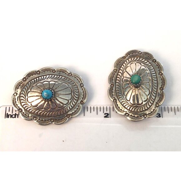 Vntg Signed Navajo Concho 925 Turquoise Earrings Clip on (1596) - Picture 4 of 5